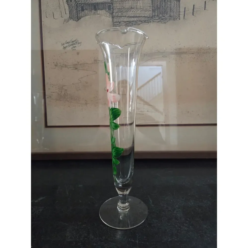 Vintage Bohemian Hand Painted Floral Glass Bud Vase 9.5